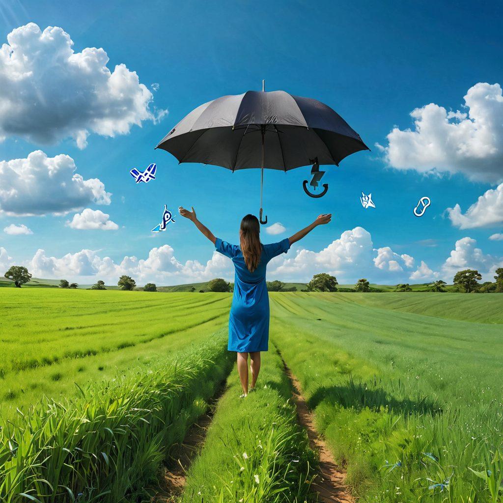 A serene landscape illustrating a person standing in a lush green field, with a bright blue sky overhead, arms spread wide as if embracing happiness. In the background, various insurance symbols, like umbrellas and shields, subtly blend into the scenery to represent safety and security. The scene radiates an aura of peace and optimism, inviting viewers to discover their path to happiness through tailored insurance coverage. super-realistic. vibrant colors. bright background.