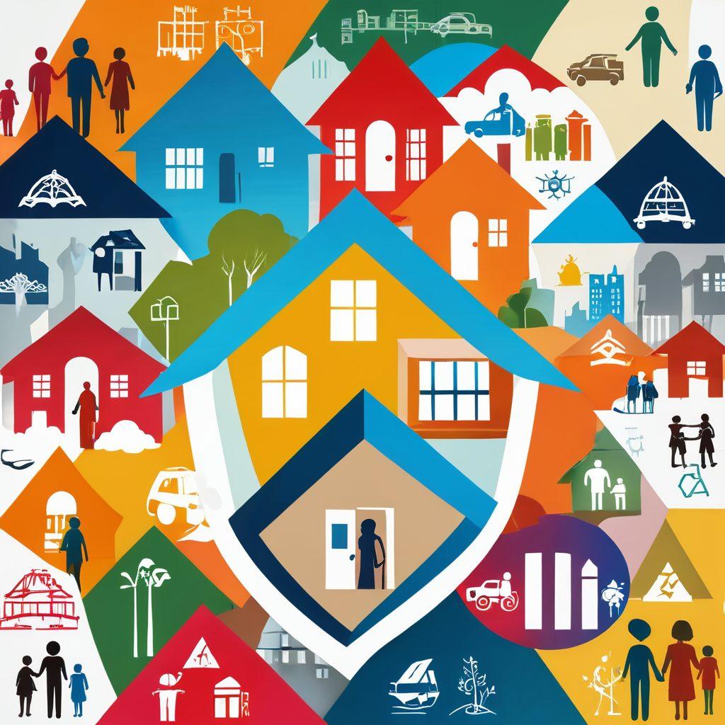 A visually engaging collage showcasing diverse insurance symbols such as a shield, a home, a car, and a family, intertwined with colorful graphs representing affordability and comprehensive protection. Include a diverse group of people discussing in the foreground, depicting various lifestyles. The background should subtly feature a bright skyline. vector art. vibrant colors.