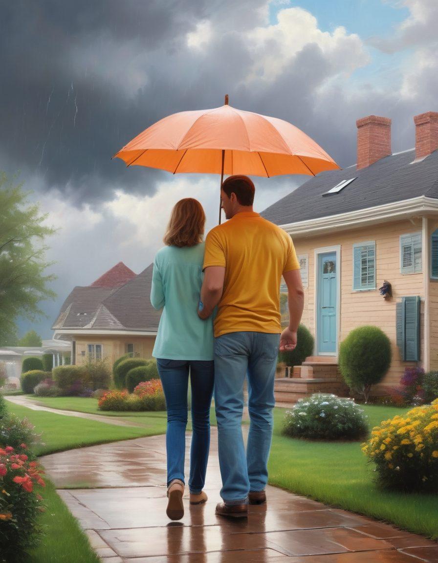 A serene scene depicting a happy family while navigating a peaceful day at home, surrounded by symbols of security like a sturdy house and an umbrella shielding them from a storm. In the background, a friendly agent discusses coverage options, radiating a sense of trust and peace. Soft pastel colors create a comforting atmosphere. super-realistic. vibrant colors.